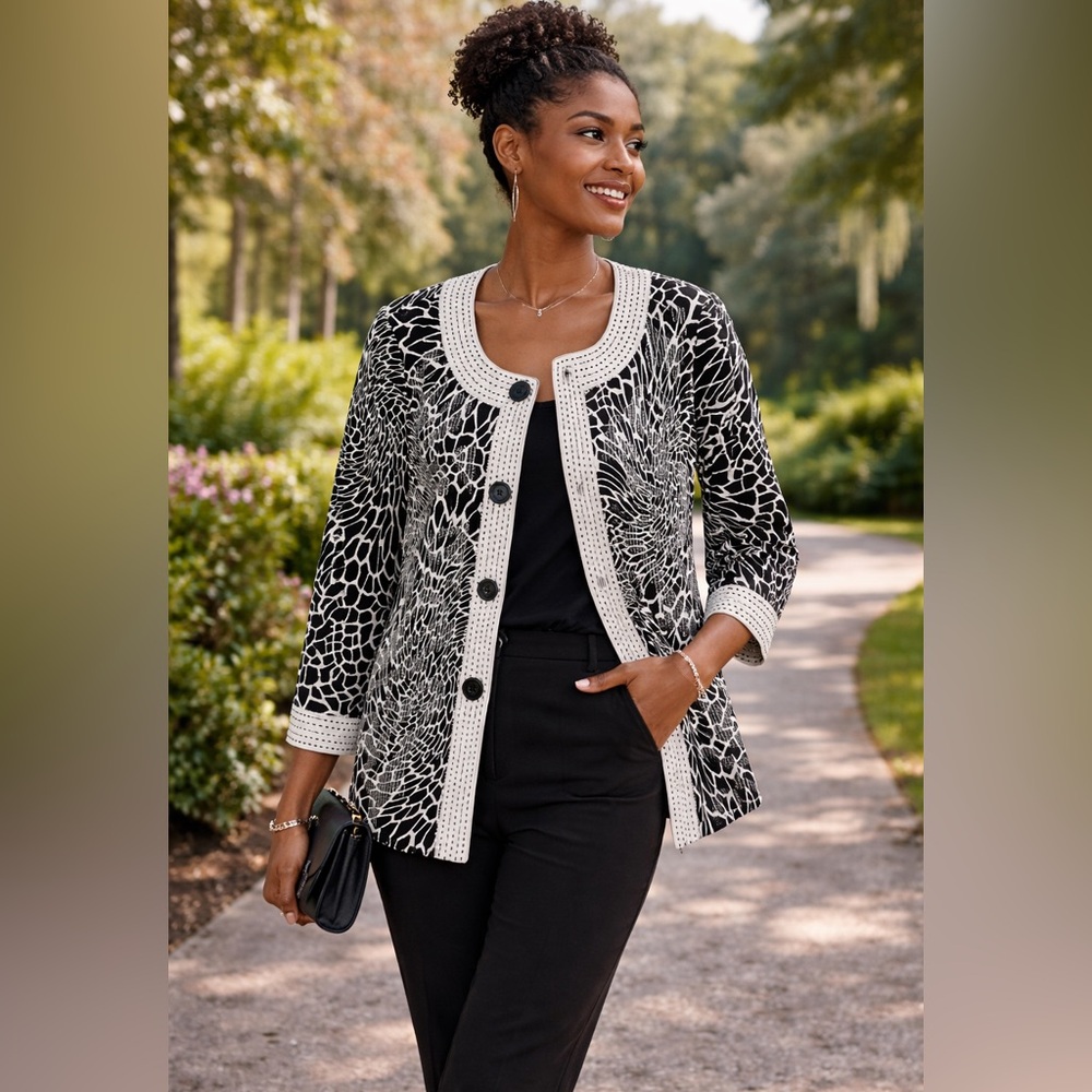 Chicos Sequin Black White Flowers Sequin Button Front Jacket